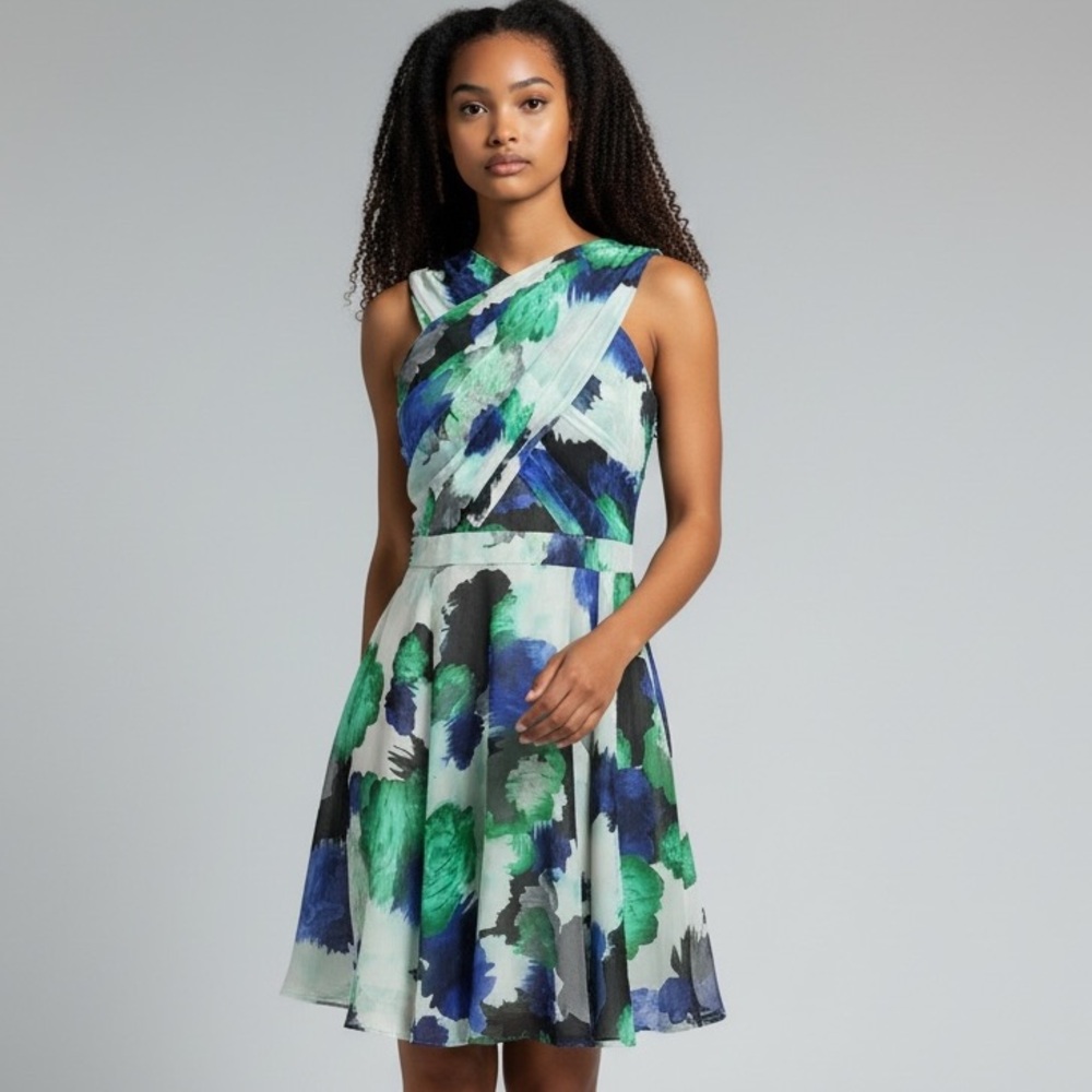 SHOSHANNA blue green watercolor floral cross front sleeveless dress 10 like new